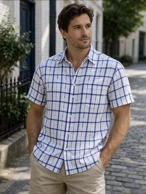 NWT Old Navy Linen Cotton Shirt Men M Blue White Plaid Short Sleeve Summer Light